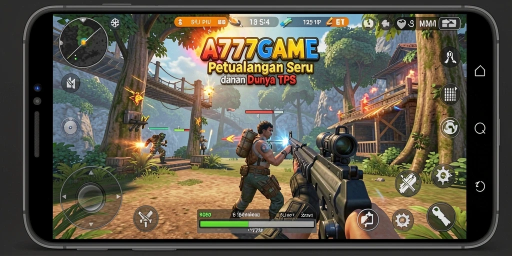 Tangkapan layar utama A777GAME menampilkan aksi seru dalam pertempuran TPS.