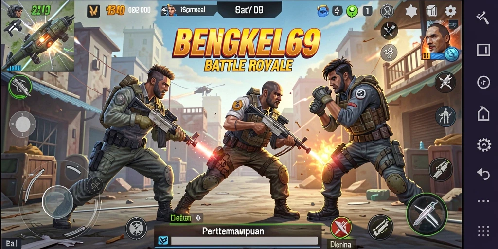 Screenshot BENGKEL69 menampilkan aksi pertempuran intens dalam Battle Royale.