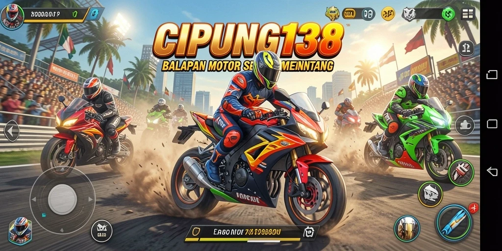 Tampilan gameplay menegangkan dengan motor balap cepat.