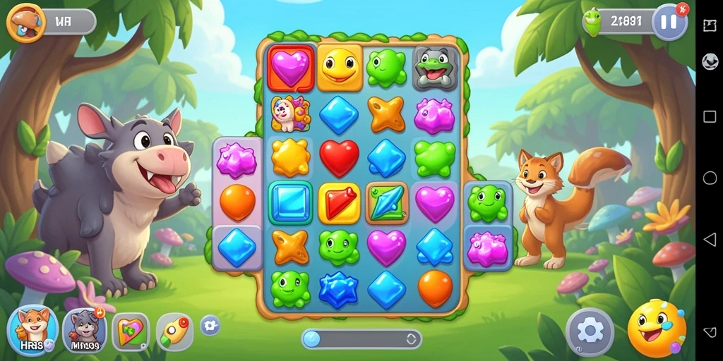 Screenshot gameplay HR89 dengan aksi seru mencocokkan permata.