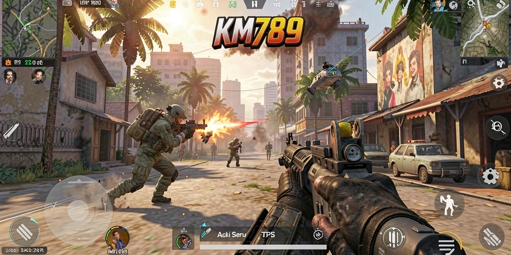 Tampilan gameplay seru dari KM789 yang menunjukkan aksi tempur hebat.