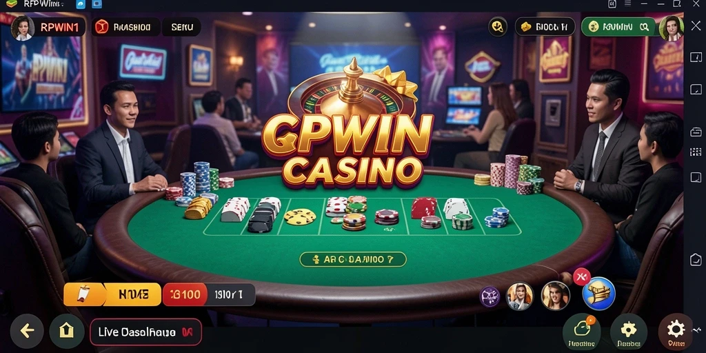 Screenshot utama RPWIN1 menampilkan dealer langsung dan permainan kasino yang mengasyikkan.