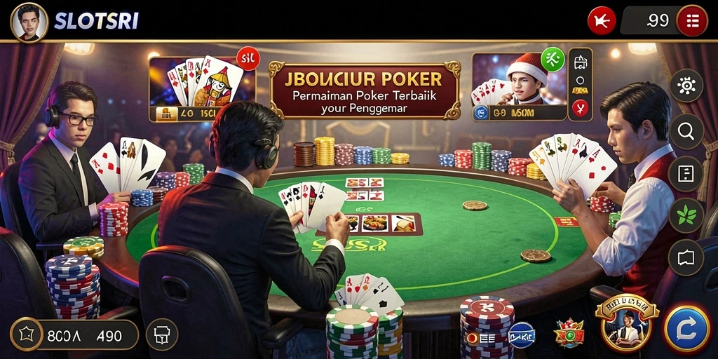 Screenshot gameplay SLOTSRI yang menunjukkan aksi seru di meja Poker.