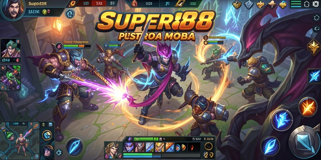 Tangkapan layar gameplay SUPER88 menampilkan aksi tim yang mendebarkan di arena MOBA.