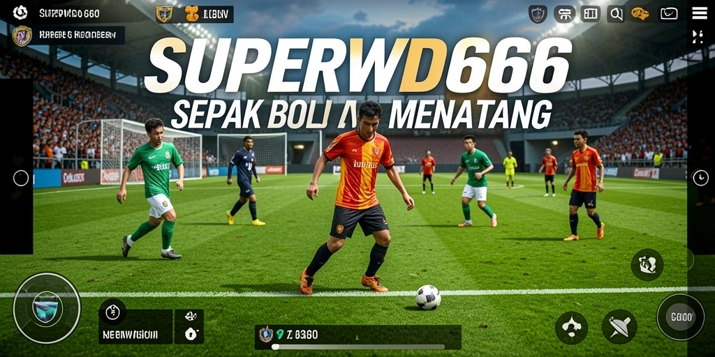 Tampilan gameplay <strong>SUPERWD666</strong> menunjukkan aksi pertandingan sepak bola yang menegangkan.