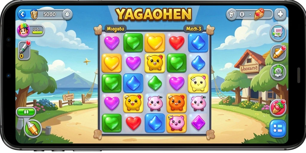 Tangkapan layar YAGAOHEN menampilkan gameplay Match-3 yang menarik dengan efek yang memukau.